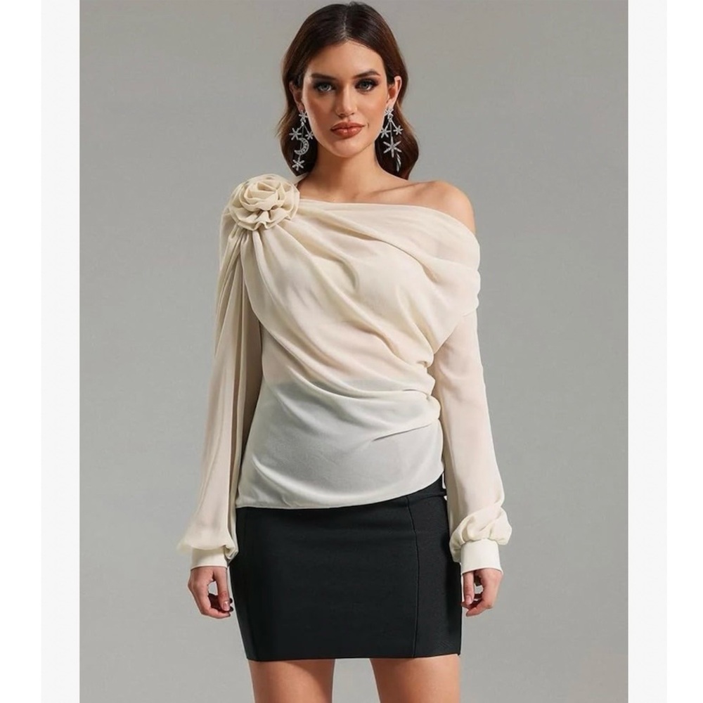 NWT Commense Elegant Cream Off-Shoulder Women's Chiffon Sheer Top Size S NEW!